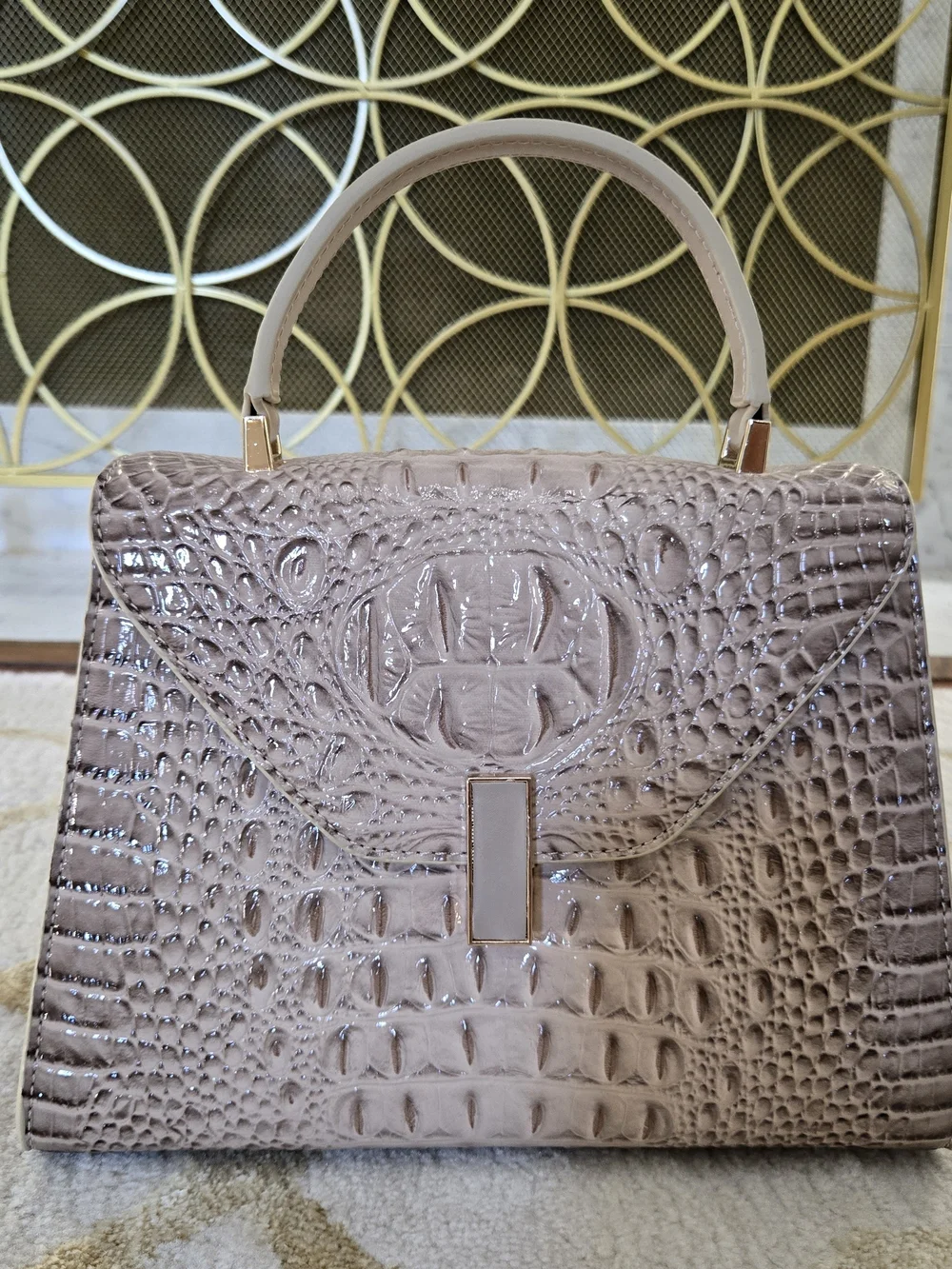 Top-Handle Croc-Embossed Satchel Tote in Blush
